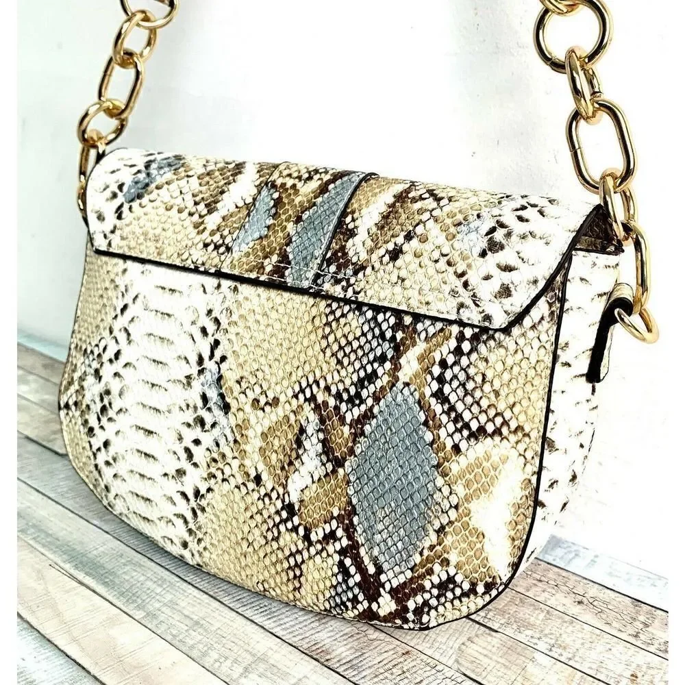 NEW JustFab GRAY BEIGE SNAKE PRINT VEGAN LEATHER MEDIUM FLAP SHOULDER BAG PURSE